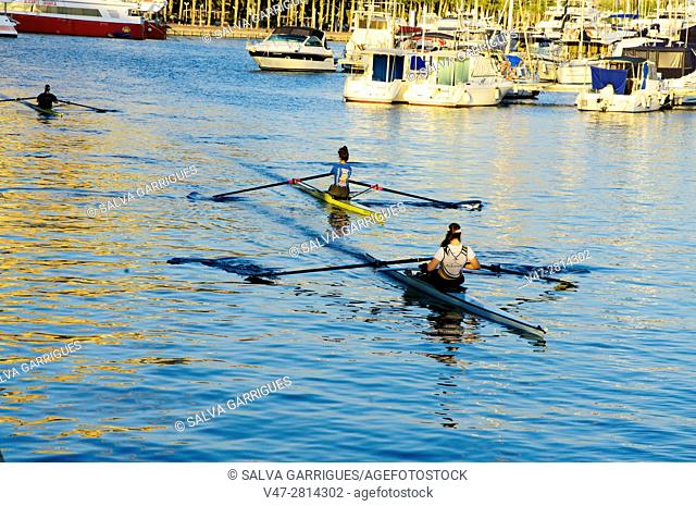 Rowers practicing with the canoe in the port of Alicante, Valencia, Spain
