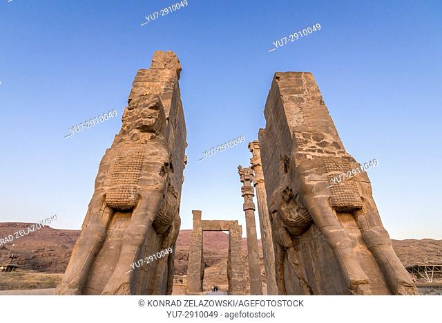Bulls sculptures of western entrance of Gate of All Nations in Persepolis, ceremonial capital of Achaemenid Empire in Iran