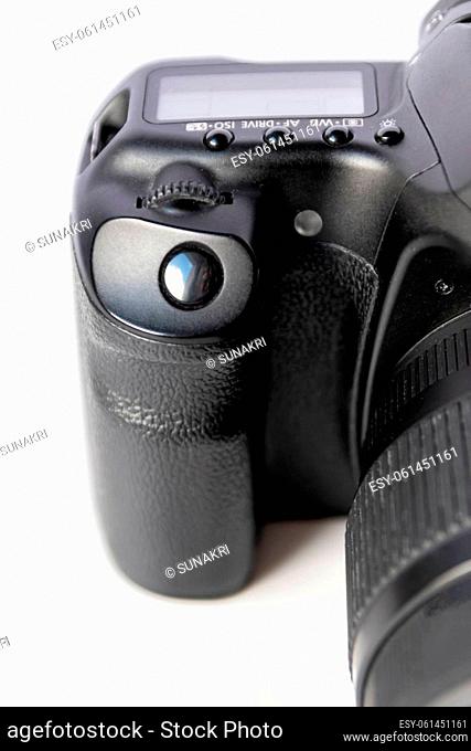 Professional dslr camera equipment with 70-300 mm tele zoom objective with wide camera lens in macro close-up view shows details of photographic equipment for...