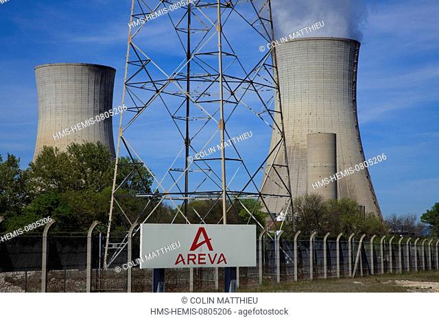 France, Drome, Tricastin industrial nuclear site, cooling tower of Eurodif uranium enrichment plant operated by Areva and electricity supply by the EDF's...
