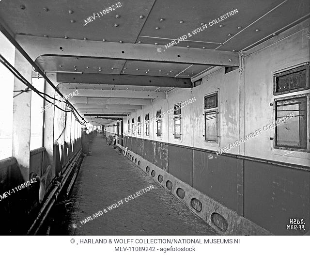 View along promenade deck during outfitting. Ship No: 317. Name: Oceanic. Type: Passenger Ship. Tonnage: 17274. Launch 14 January 1899