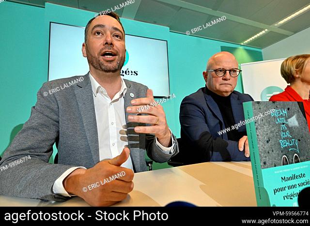 Les Engages' chairman Maxime Prevot and Jean-Luc Crucke a press conference of french-speaking christian humanists party Les Engages to announce Crucke as the...