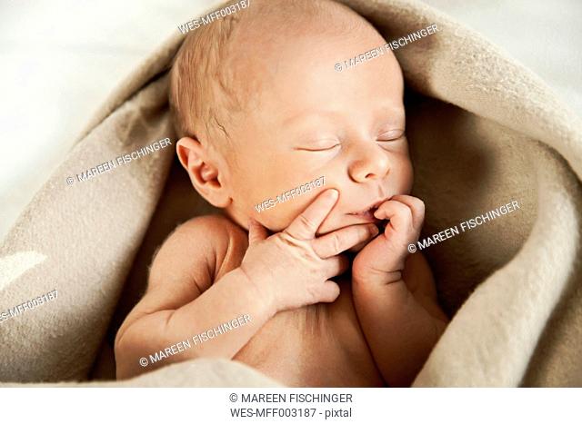 Face of sleeping newborn baby wrapped in blanket