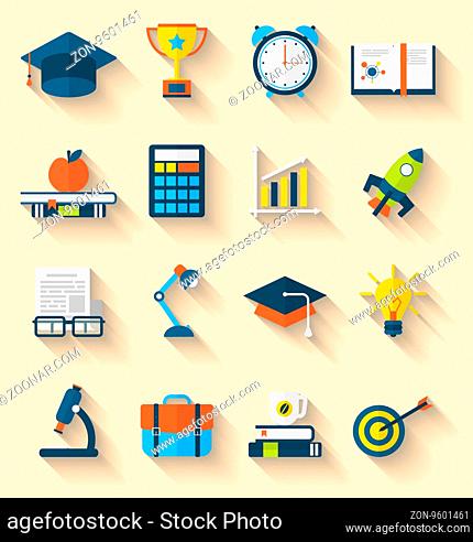 Illustration flat icons of elements and objects for high school and college education with teaching and learning, long shadow style design -