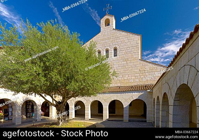 Courtyard of the Church of the Multiplication in Tabgha on the main street Via Maris near Capernaum, Sea of Galilee, Israel