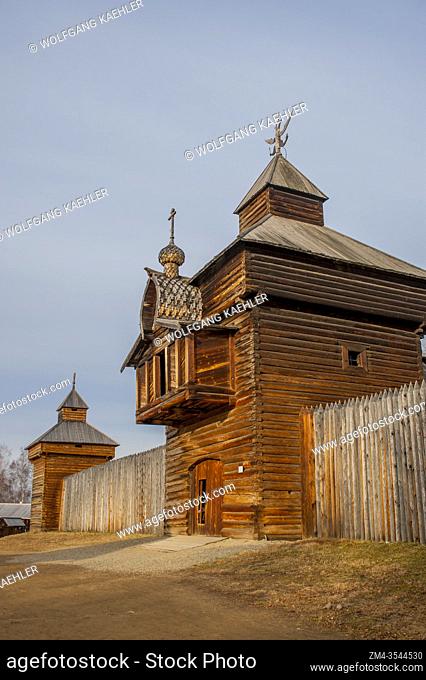 The wooden fort at the open-air museum Taltsy dedicated to the wooden architecture is located 20 kilometers away from the village of Listvyanka near Irkutsk