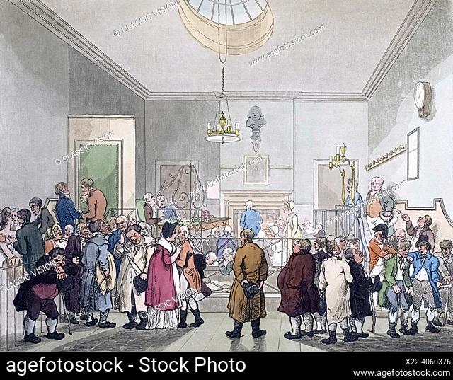 Bow Street Office. Bow Street Magistrates' Court. Circa 1808. After a work by August Pugin and Thomas Rowlandson in the Microcosm of London