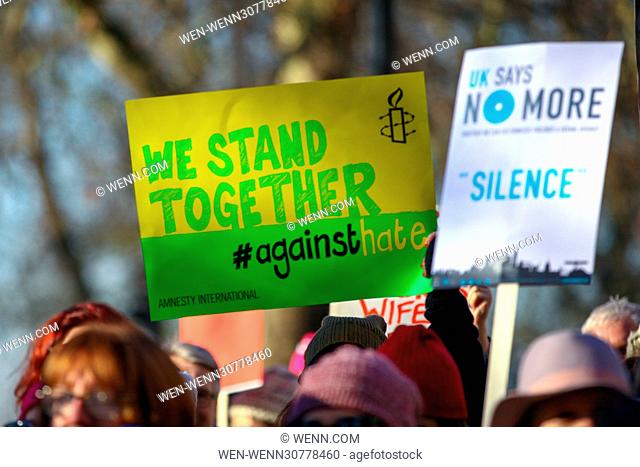 The US Embassy, 24 Grosvenor Square, London, UK. 21 Jan 2017 - Thousands of people take part Women's March in London and a rally in Trafalgar Square for the...