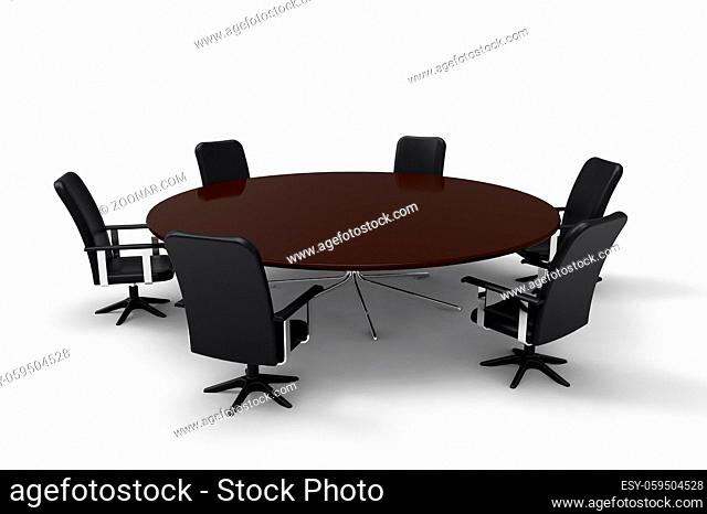 Conference table with six chairs on white background, 3D rendering