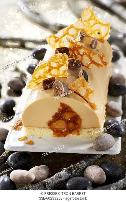 Caramel panna cotta, crumbled orange tuiles and toffee beans
