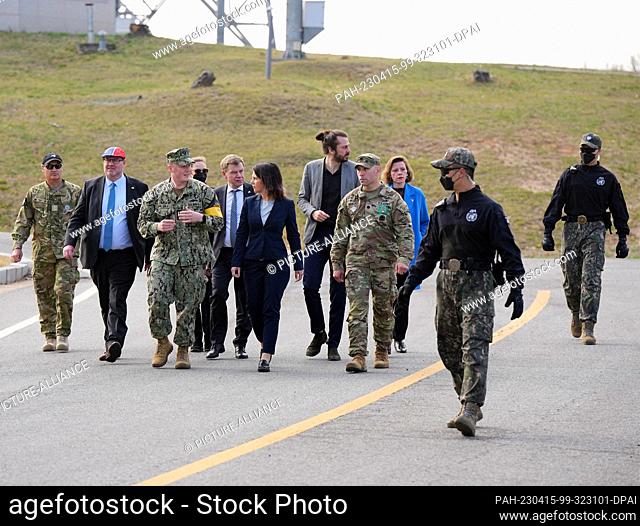 15 April 2023, South Korea, Joint Security Area: Foreign Minister Annalena Baerbock (M, Bündnis 90/Die Grünen) and members of the Bundestag visit the Joint...