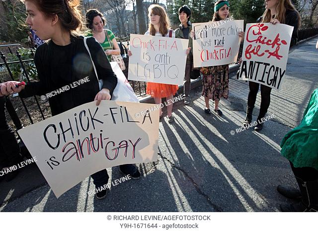 New York University students and their supporters protest at NYU over the donations that the fast food chain Chick-Fil-A gives to anti-gay groups The restaurant...