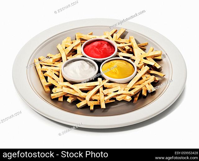 French fries with ketchup in the dish isolated on white background. 3D illustration