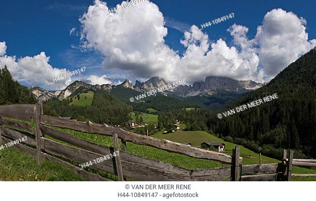 Italy, Europe, St. Cyprian, town, Tiers, South Tyrol, South Tirol, Alto Adige, fence, meadow, Rosengarten, Dolomites