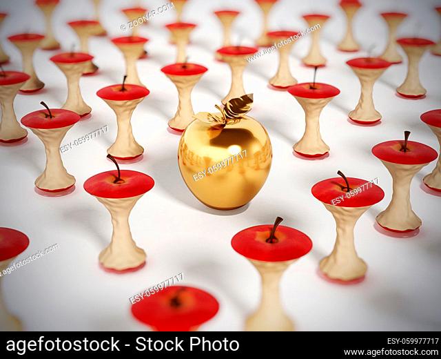 Golden apple standing out among eaten apple cores. 3D illustration