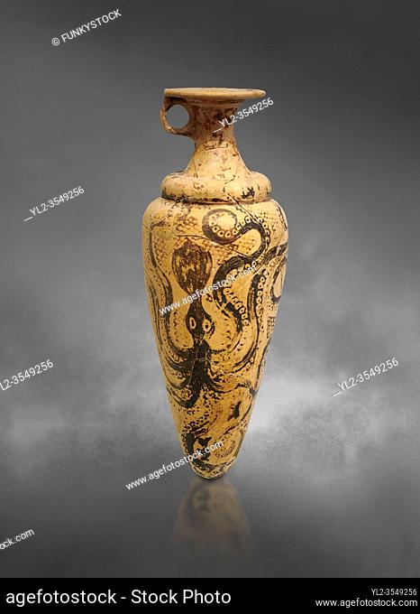 The Minoan decorated conical rhython with Marine style stylised octopus design, Palaikastro 1500-1450 BC; Heraklion Archaeological Museum, grey background