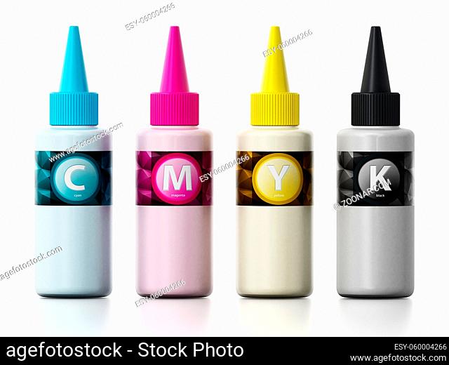 CMYK ink filling bottles isolated on white background. 3D illustration
