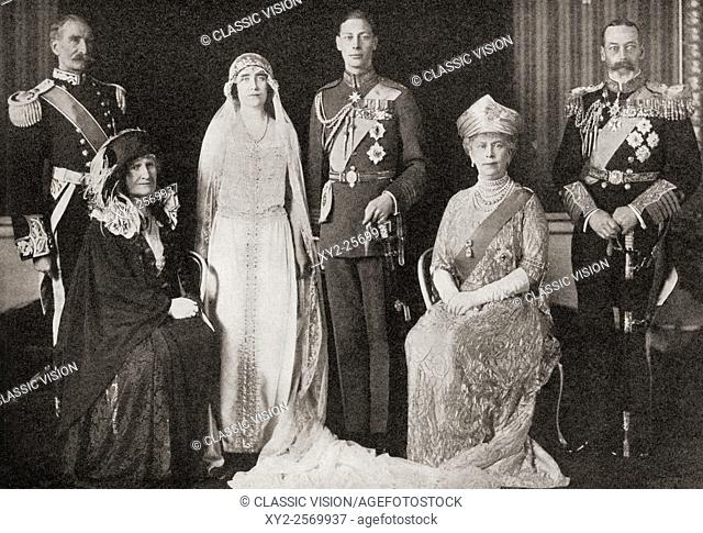 The British Royal Family at the wedding of The Duke and Duchess of York, 1923. From left to right, Claude George Bowes-Lyon