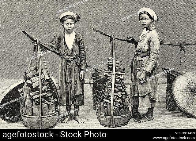 Young women selling charcoal, Vietnam. Asia. Old 19th century engraved illustration A campaign in Tonkin by Charles Edouard Hocquard from Le Tour du Monde 1889