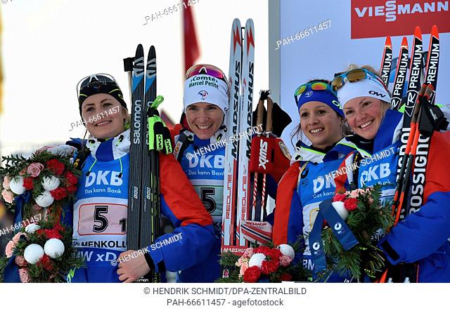 Second placed (L-R) Justine Braisaz, Anais Bescond, Anais Chevalier and Marie Dorin Habert of France celebrate during the flower ceremony for the Women 4x6 km...