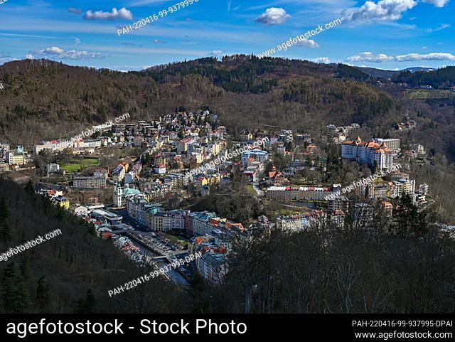 11 April 2022, Czech Republic, Karlovy Vary: Karlovy Vary (Czech: Karlovy Vary) in spring. Karlovy Vary is a spa town in the Bohemia region in the west of the...