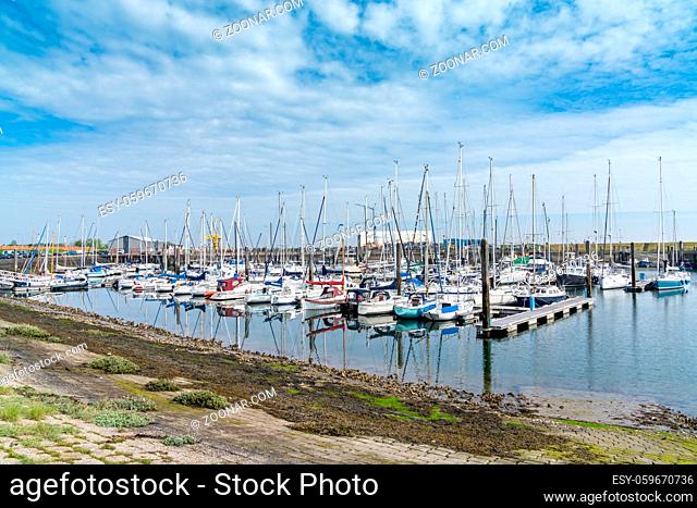 Yerseke, Holland - 13 May, 2021: view of the harbor and marina at Yerseke in Zeeland
