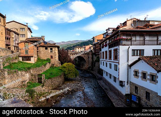 Potes, Cantabria / Spain - 5 November 2020: idyllic Spanish mountain village in the Picos de Europa region