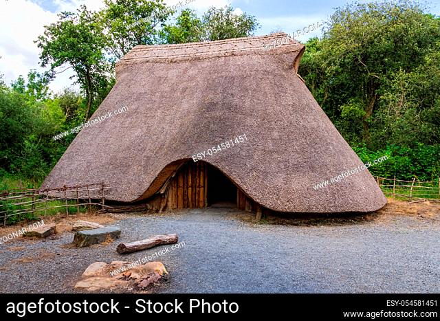 Old thatch, straw Celtic cottage with camp fire, concept of early age human settlement, green forest background