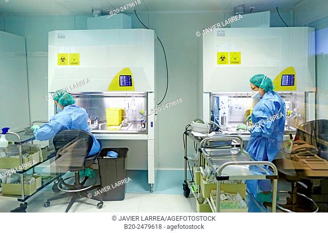Preparation of drugs in laminar flow hood, epidural anesthesia, Clean room, Pharmacy, Hospital Donostia, San Sebastian, Gipuzkoa, Basque Country, Spain