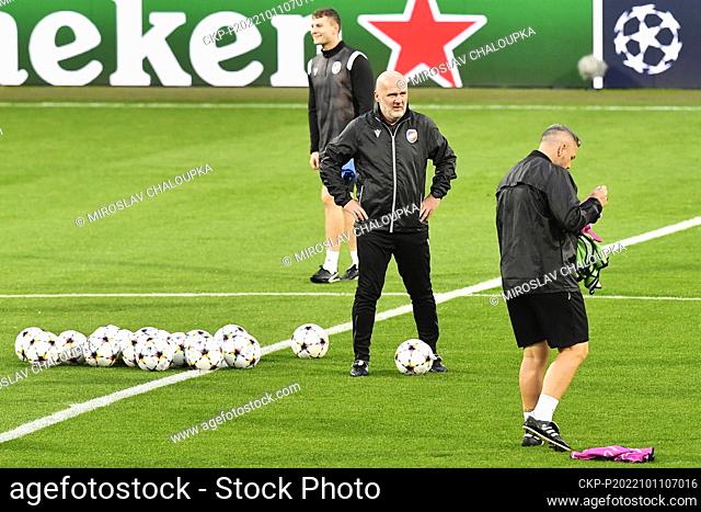 Soccer players of Viktoria Plzen in action during the training session prior to Viktoria Plzen vs Bayern Munich group C of football Champions' League match in...