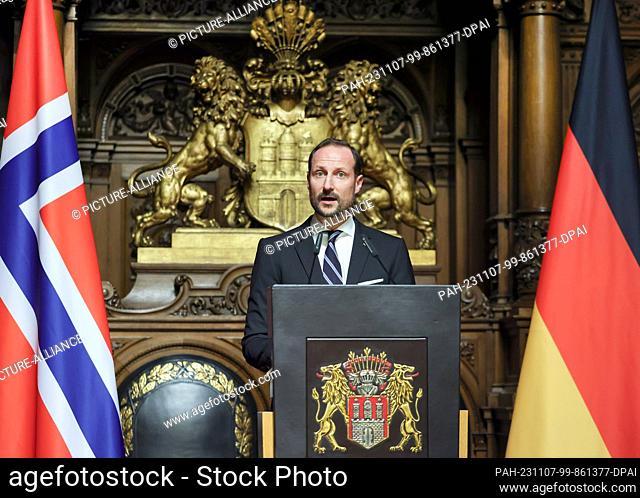 07 November 2023, Hamburg: The Norwegian Crown Prince Haakon speaks during his speech in the Great Festival Hall at City Hall