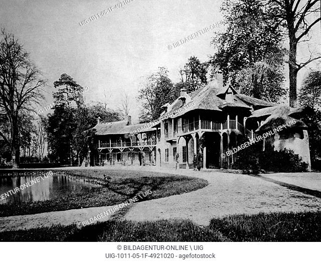 Early autotype of the park la laiterie du petit trianon, versailles, france, historical photo, 1884