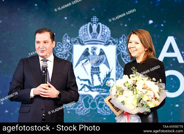 RUSSIA, MOSCOW - DECEMBER 21, 2023: Arkhangelsk Region Governor Alexander Tsybulsky (L) and Russia Expo head Natalya Virtuozova attend the opening of...