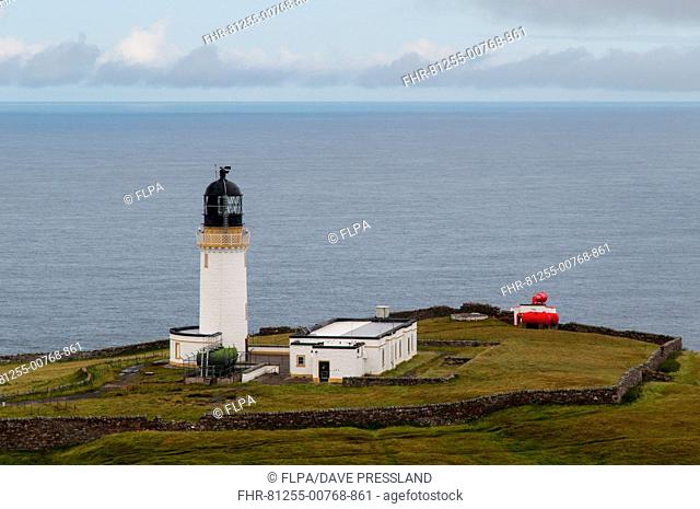 View of lighthouse and foghorn on coastal clifftop, Cape Wrath Lighthouse, Cape Wrath, Sutherland, Highlands, Scotland, August
