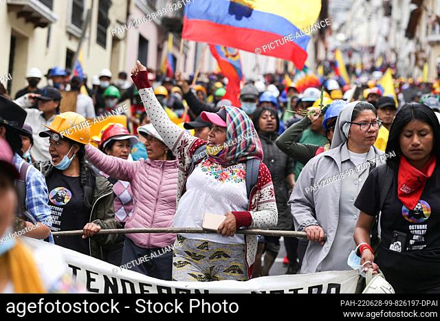 27 June 2022, Ecuador, Quito: Indigenous demonstrators protest in the streets of the capital's center for the 15th consecutive day