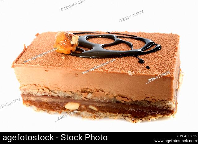 chocolate cake in front of white background