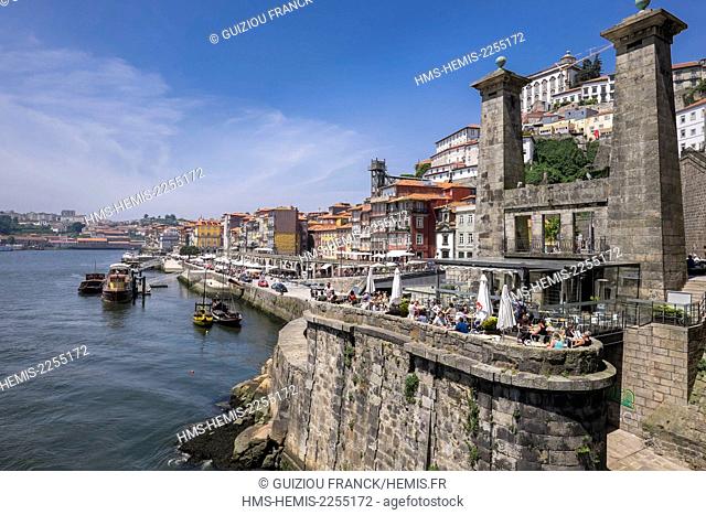 Portugal, North region, Porto, historic centre listed as World Heritage by UNESCO, Ribeira district along Douro river and the pillars of the former suspension...