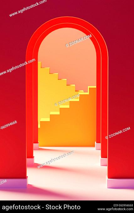 Red arches and yellow staircase. 3D Illustration