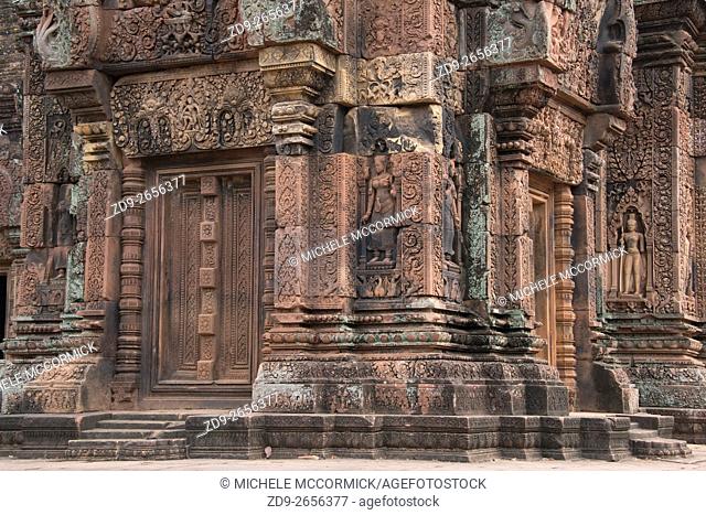 The ancient pink stones distinguish the temple at Banteay Srey near Siem Reap