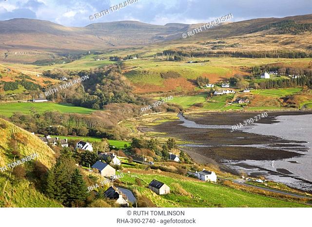 View from hillside to the village of Uig, Trotternish Peninsula, Isle of Skye, Highland, Scotland, United Kingdom, Europe