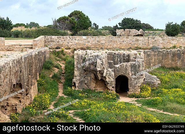 Paphos, Paphos District, Cyprus, March 23, 2023 - Ancient ruins of the Tombs of the Kings archealogical site
