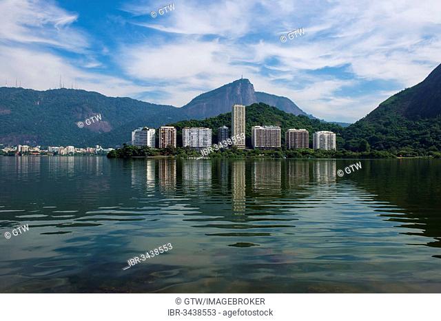 Buildings reflecting in Lagoa Rodrigo de Freitas, Ipanema, Rio de Janeiro, Rio de Janeiro State, Brazil