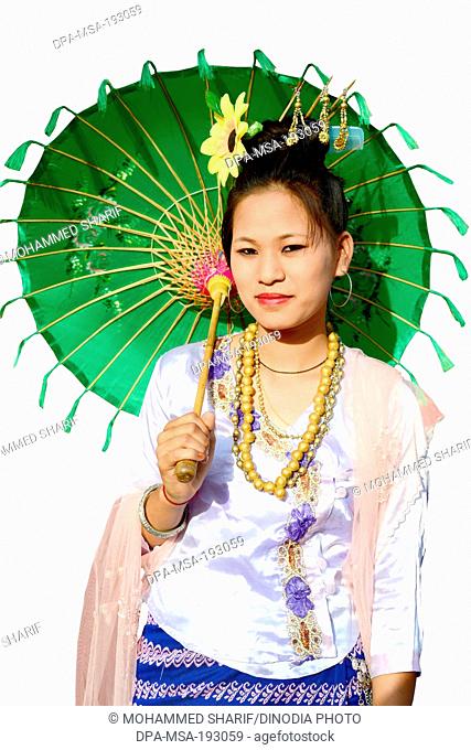 Tribal woman with umbrella, tripura, assam, india, asia, mr#786