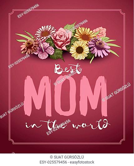Vector Mother’s Day card design template with colorful vintage hand drawn flowers