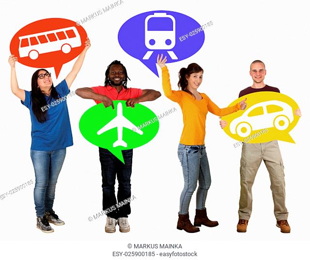 group of young people holding balloons with selection bus, train, car or plane cut