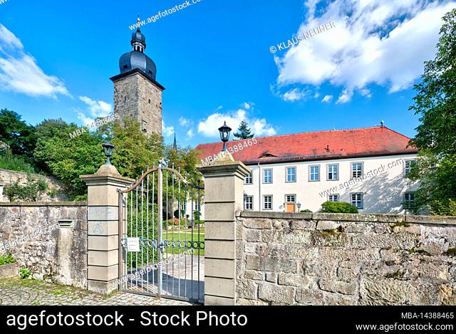 City tower, witch tower, tower, house facade, prince-bishop castle, administrative building, autumn, Zeil am Main, Franconia, Bavaria, Germany, Europe