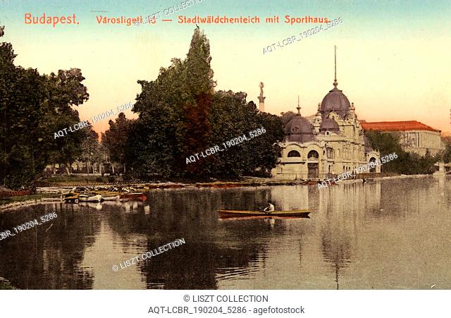 Rowboats, Városligeti lake, 1904, Budapest, Stadtwäldchenteich mit Sporthaus und Ruderer, Hungary