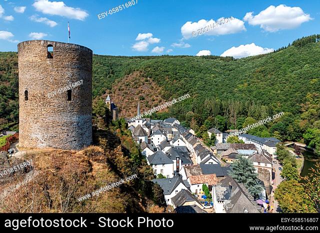 Village Esch-sur-Sure in Luxembourg, aerial view form castle at hill above the houses