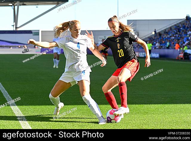 Iceland's Glodis Viggosdottir and Belgium's Julie Biesmans pictured in action during a game between Belgium's national women's soccer team the Red Flames and...