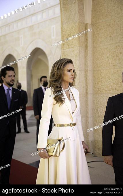 TM King Abdullah II and Queen Rania and HRH Crown Prince Al Hussein during the official welcoming ceremony of TRH Prince Charles of Wales and his wife Duchess...